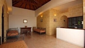 A spacious living area with a high ceiling, a stone wall, and a wooden ceiling. There is a sofa, a chair, and a small table. - Residenza de Leonardis (Alberobello)