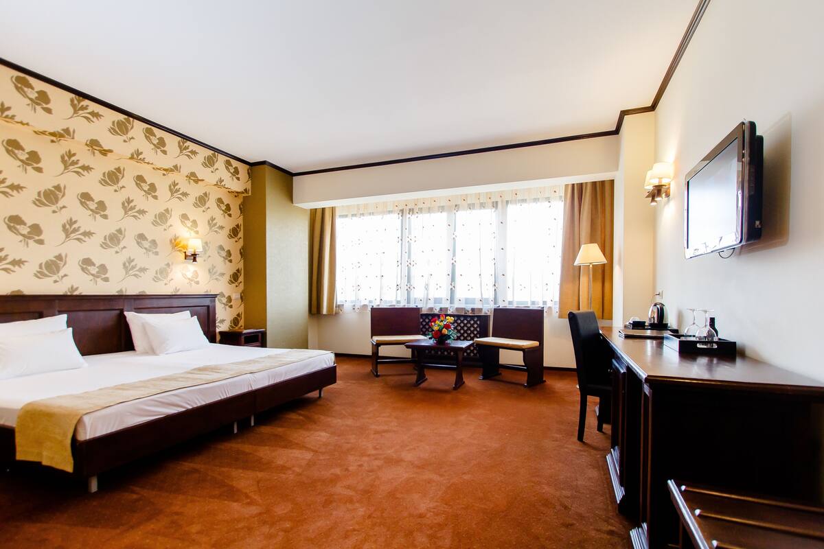 Una habitación de hotel con una cama grande, un escritorio, una silla, un sofá y un televisor.