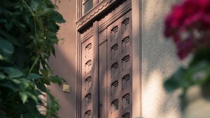 Fachada de un edificio con una serie de ventanas rectangulares y una puerta, rodeada de follaje.
