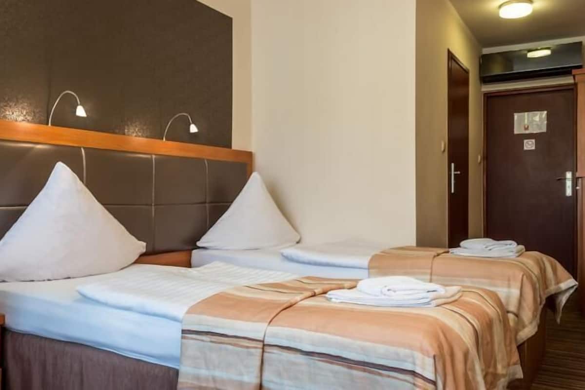 Een hotelkamer met twee bedden, elk met een hoofdeinde, nachtlampjes en net opgemaakte bedden.