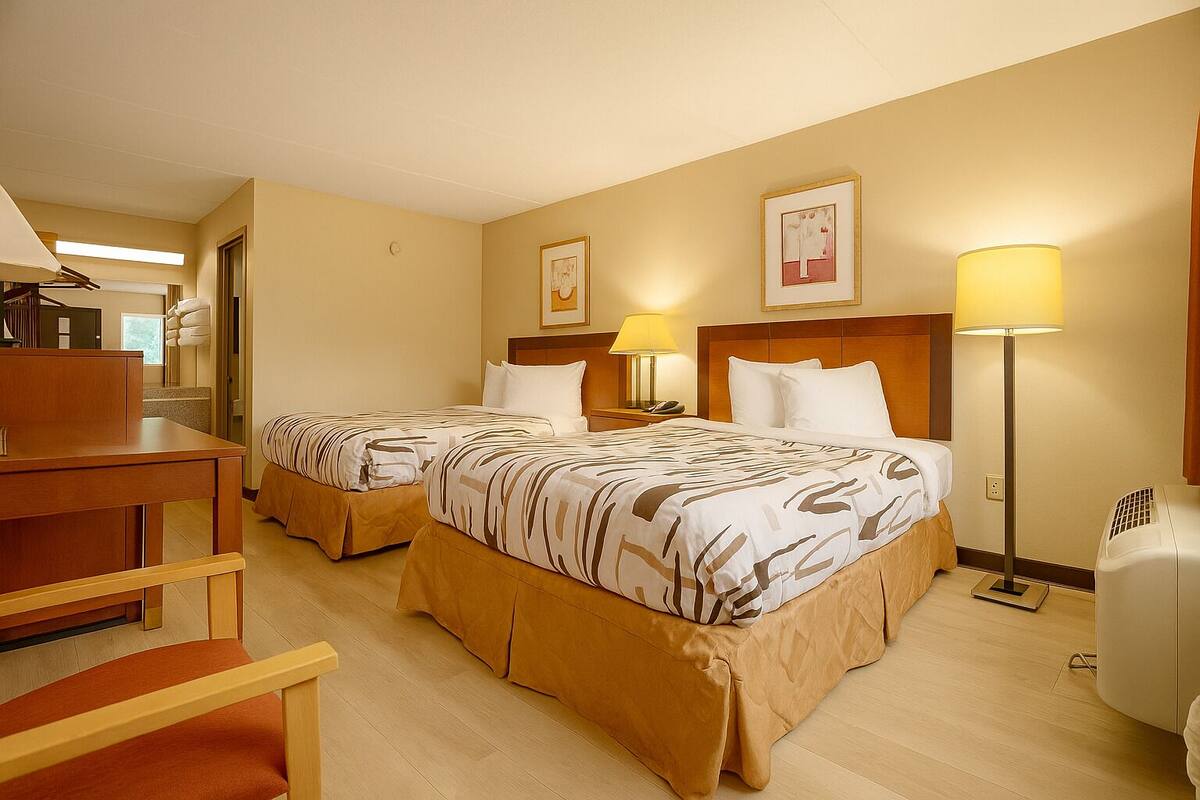 Une chambre d’hôtel avec deux lits, un bureau et une chaise. Elle est équipée de deux lampes de chevet et d’un téléviseur fixé au mur.