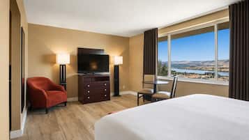 Habitación de hotel con cama, televisión, escritorio y vistas a un paisaje.