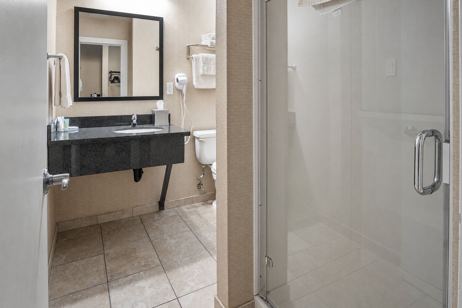 Hair dryer, slippers, towels