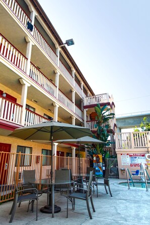 Outdoor pool, pool umbrellas, pool loungers