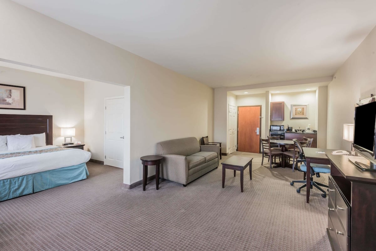 Une chambre d’hôtel comprenant un lit, un canapé, un bureau, une chaise, une télévision et une kitchenette.