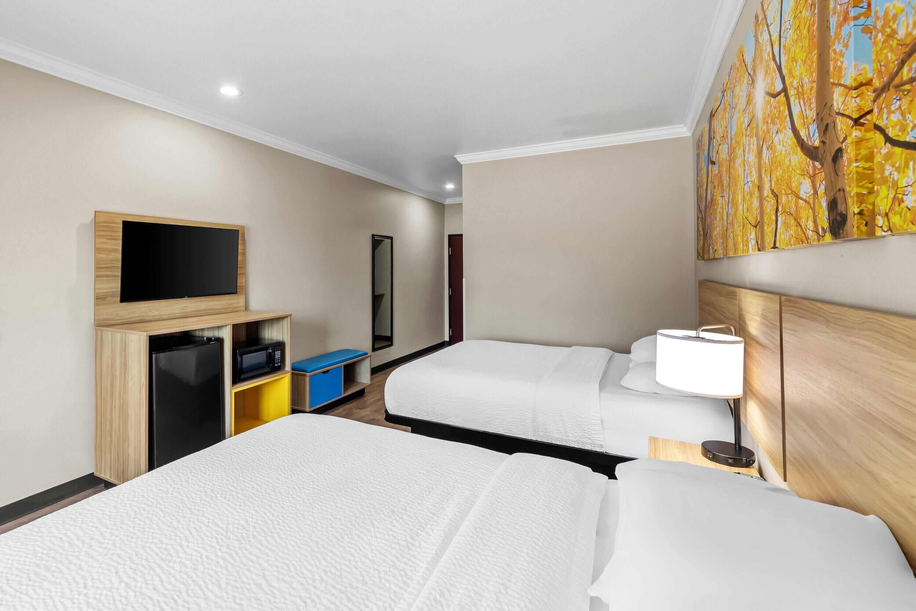 Camera d'albergo con due letti, una televisione, un forno a microonde e un quadro con foglie autunnali.