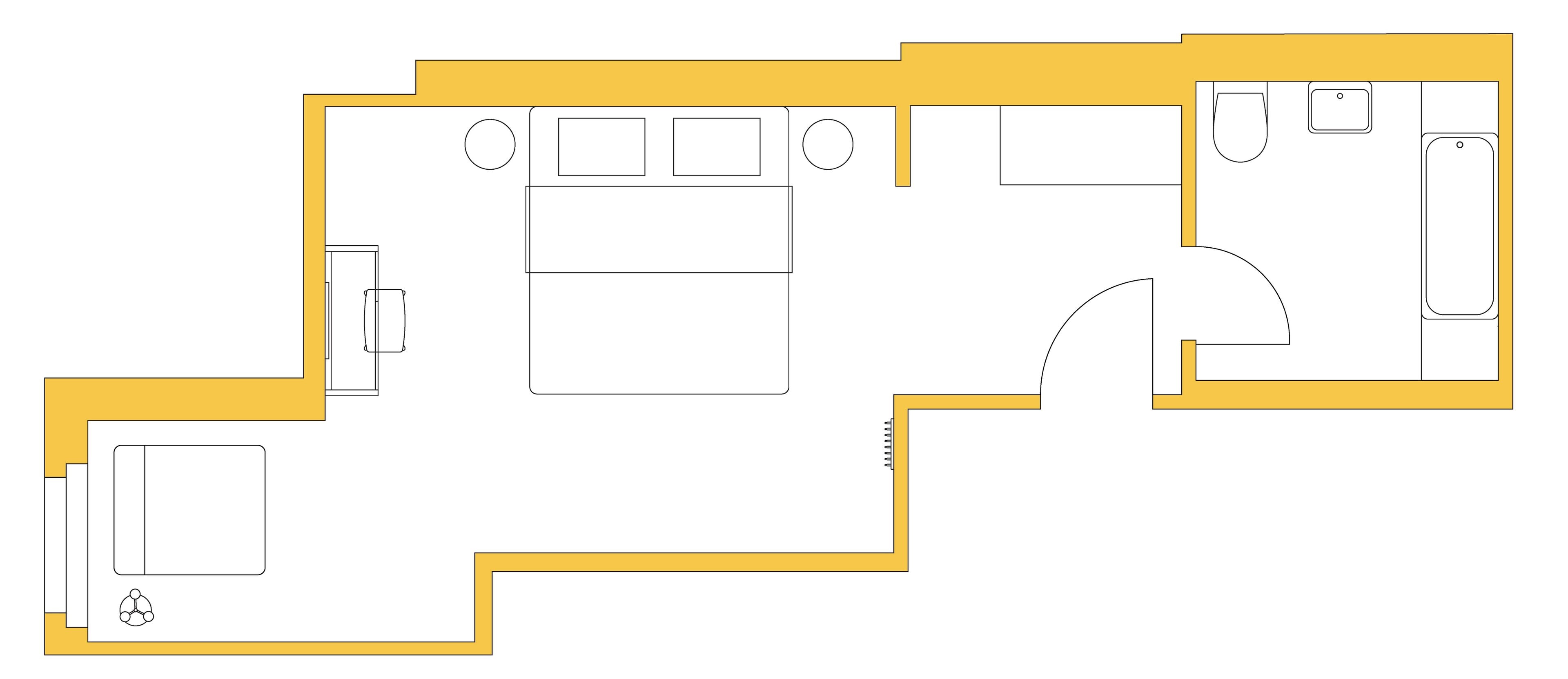 A floor plan of a hotel room with a bed, a desk, a chair, a wardrobe, and a bathroom.
