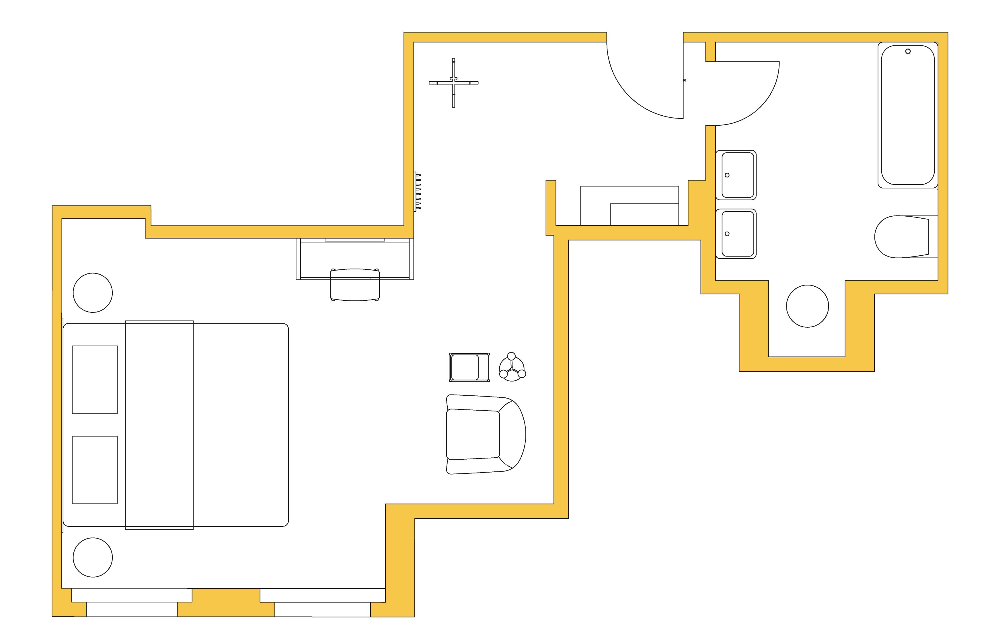 A floor plan of a hotel room with a bed, a desk, a chair, and a bathroom.
