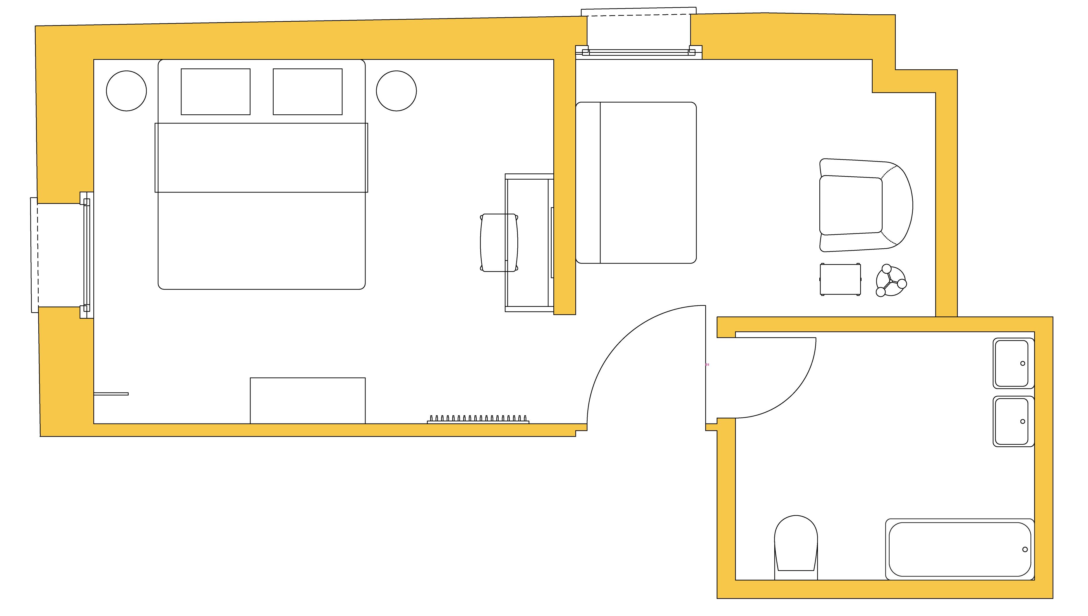 Un plan d’étage d’une chambre d’hôtel comprenant un lit, un bureau, une chaise, une petite table et une salle de bain.