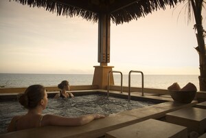 Un área de piscina con vista al mar, una estructura de techo de paja y un banco de piedra.