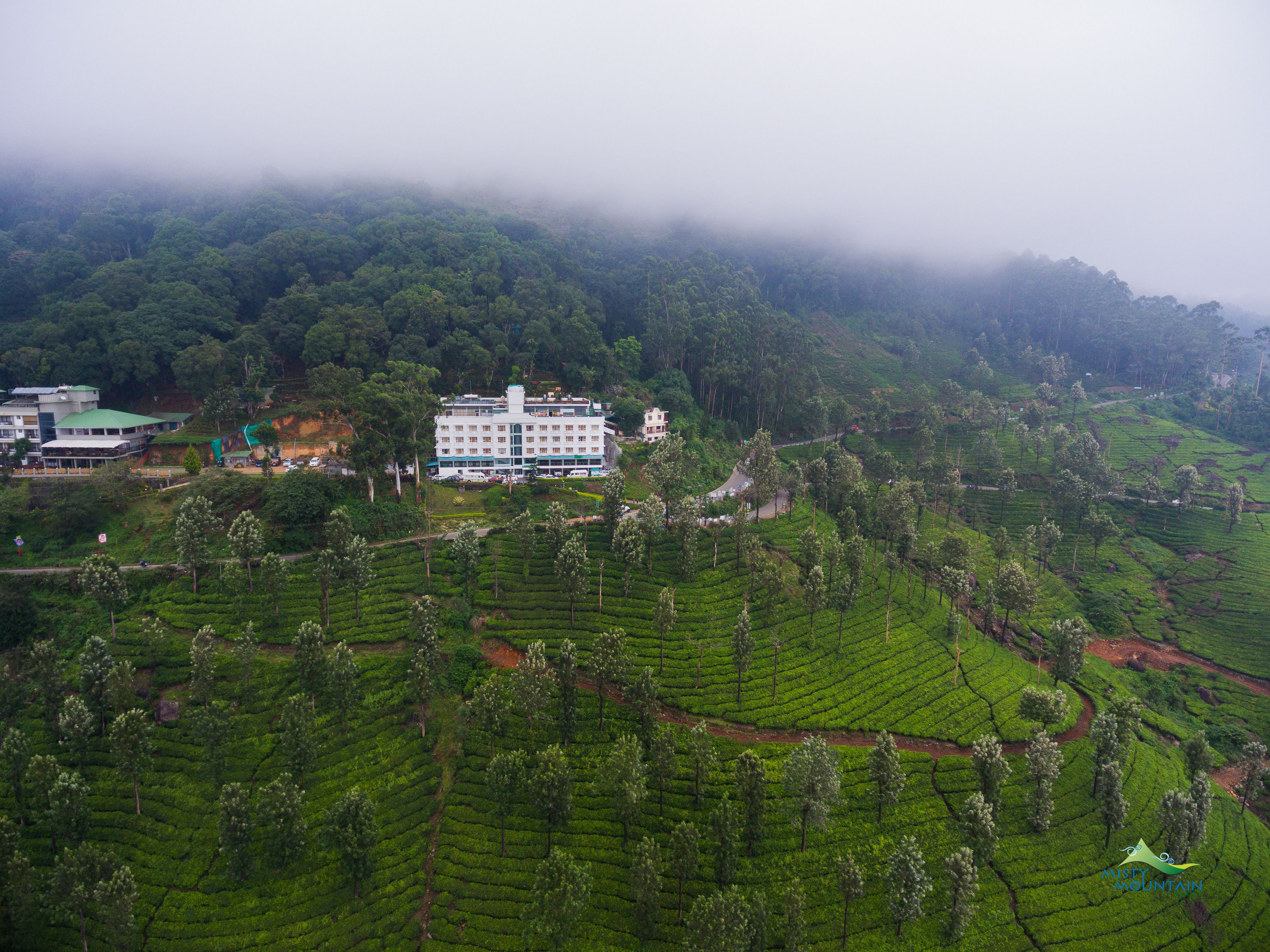 Un hotel de diseño moderno, ubicado en una exuberante colina verde con terrazas de plantaciones de té al fondo.