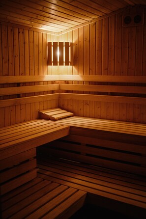 A wooden sauna with benches and a bench seat.