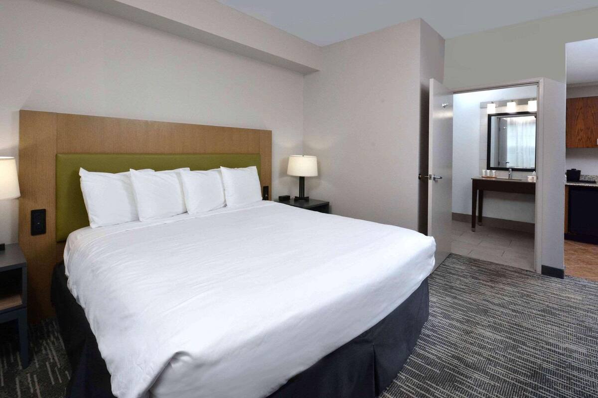 Premium Suite, 1 King Bed, Non Smoking | Desk, laptop workspace, blackout drapes, iron/ironing board