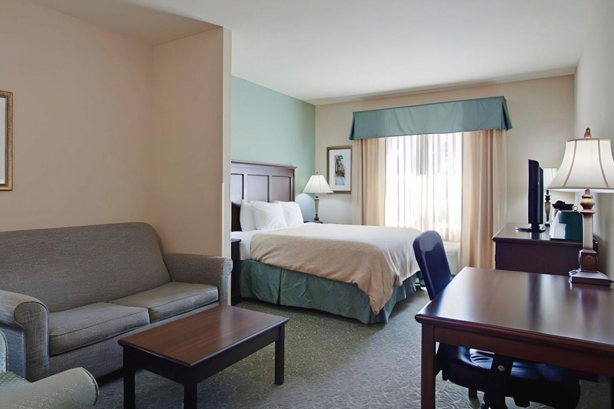 Ein Hotelzimmer mit einem Bett, einem Sofa, einem Schreibtisch und einem Stuhl. An der Wand hängt ein Gemälde und auf dem Schreibtisch steht eine Lampe.