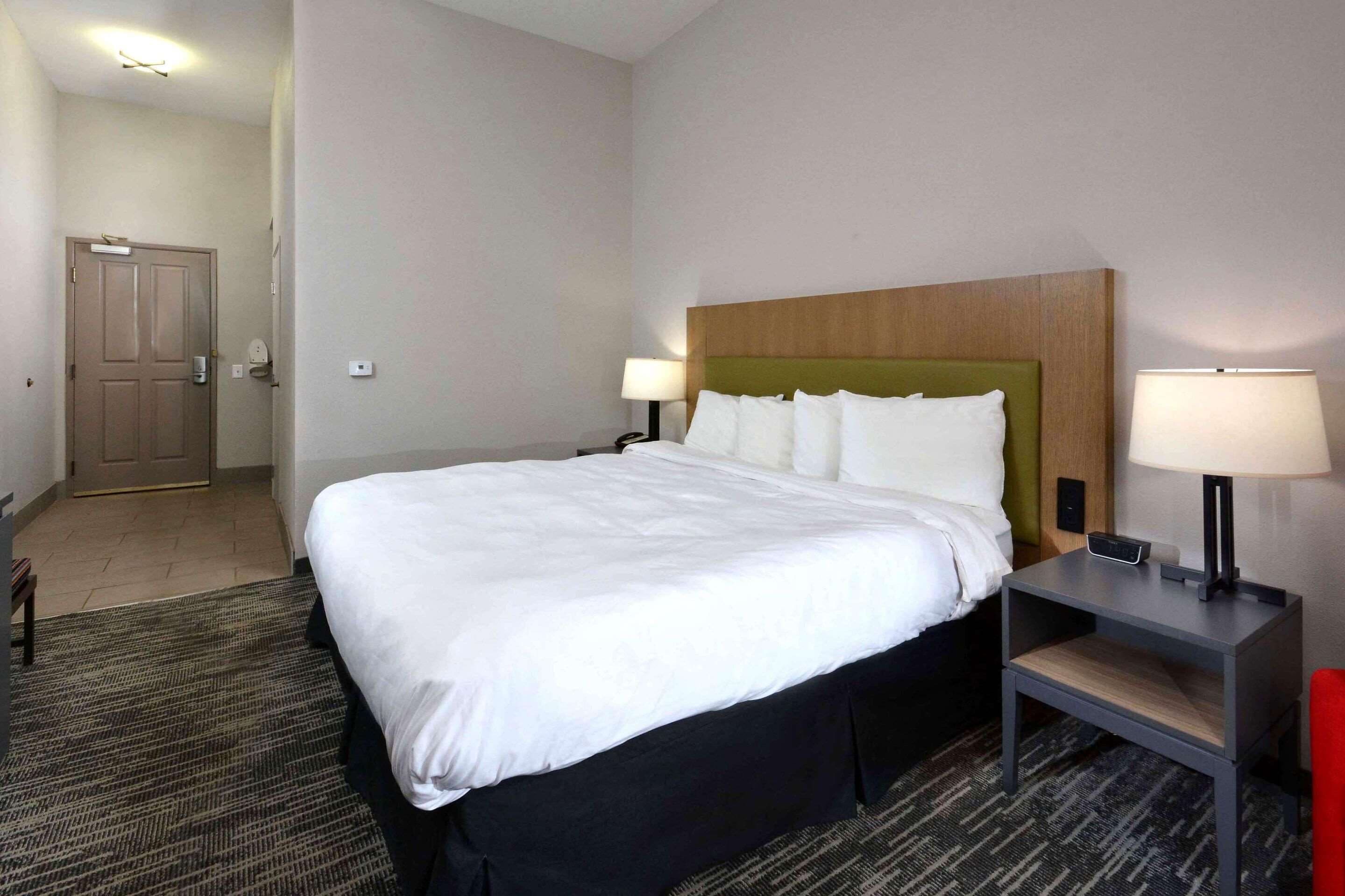 Quarto de hotel com uma cama grande, duas mesas de cabeceira com abajures, uma porta e piso carpeteado.