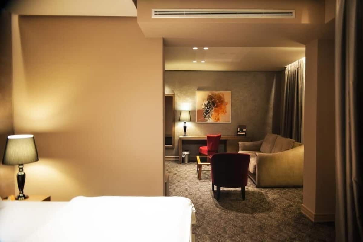Una habitación de hotel con cama, escritorio, silla, sofá y lámpara.