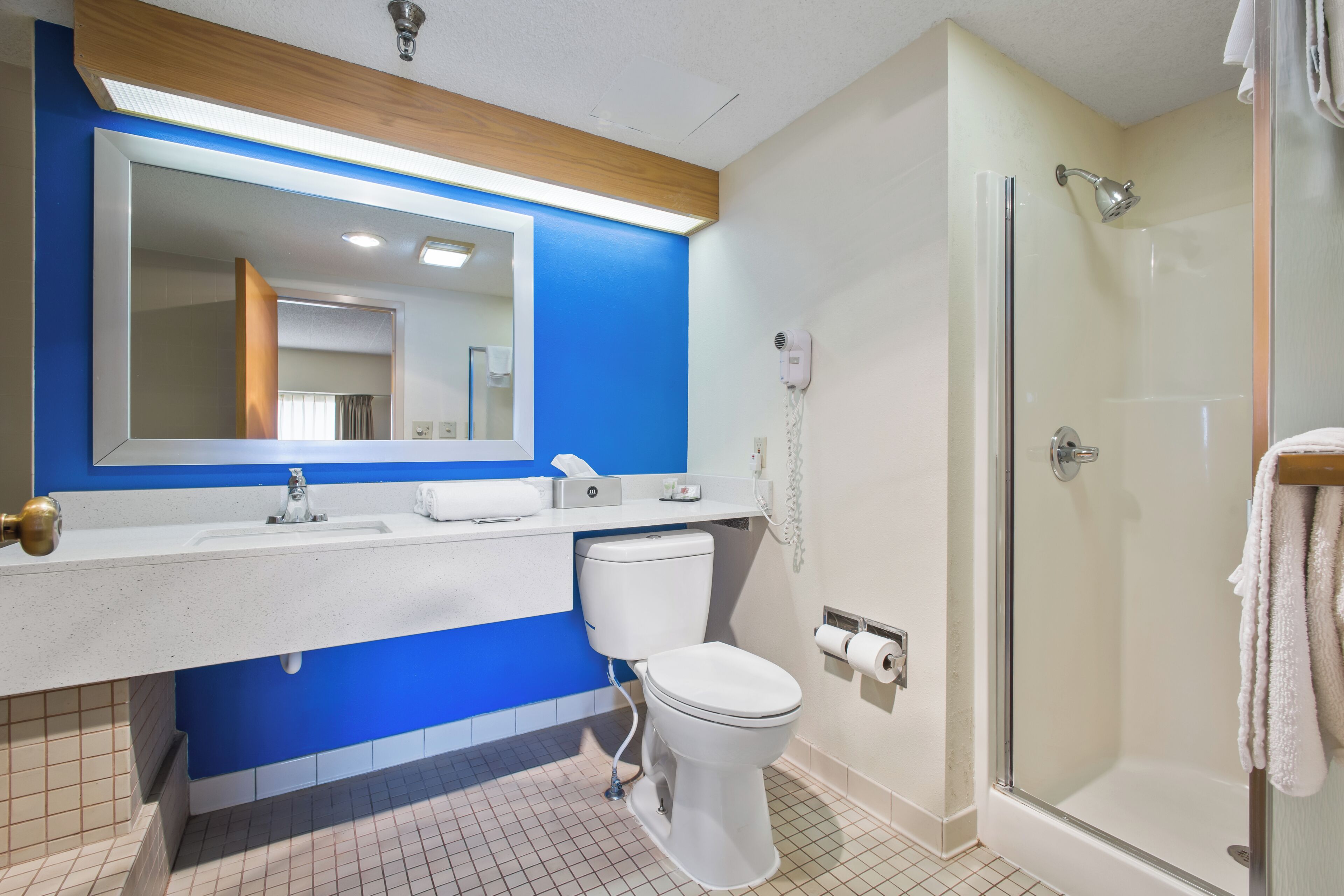 Ein Badezimmer mit weißem Waschbecken, Toilette, Duschkabine aus Glas und Spiegel, an einer Wand mit blauem Akzent.