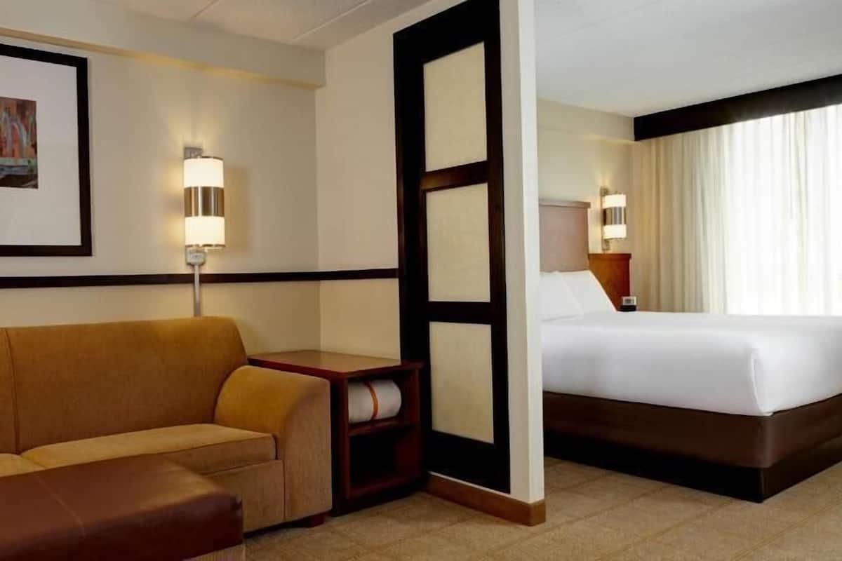 Habitación de hotel con sofá, cama, mesita de noche, lámpara y un cuadro en la pared.