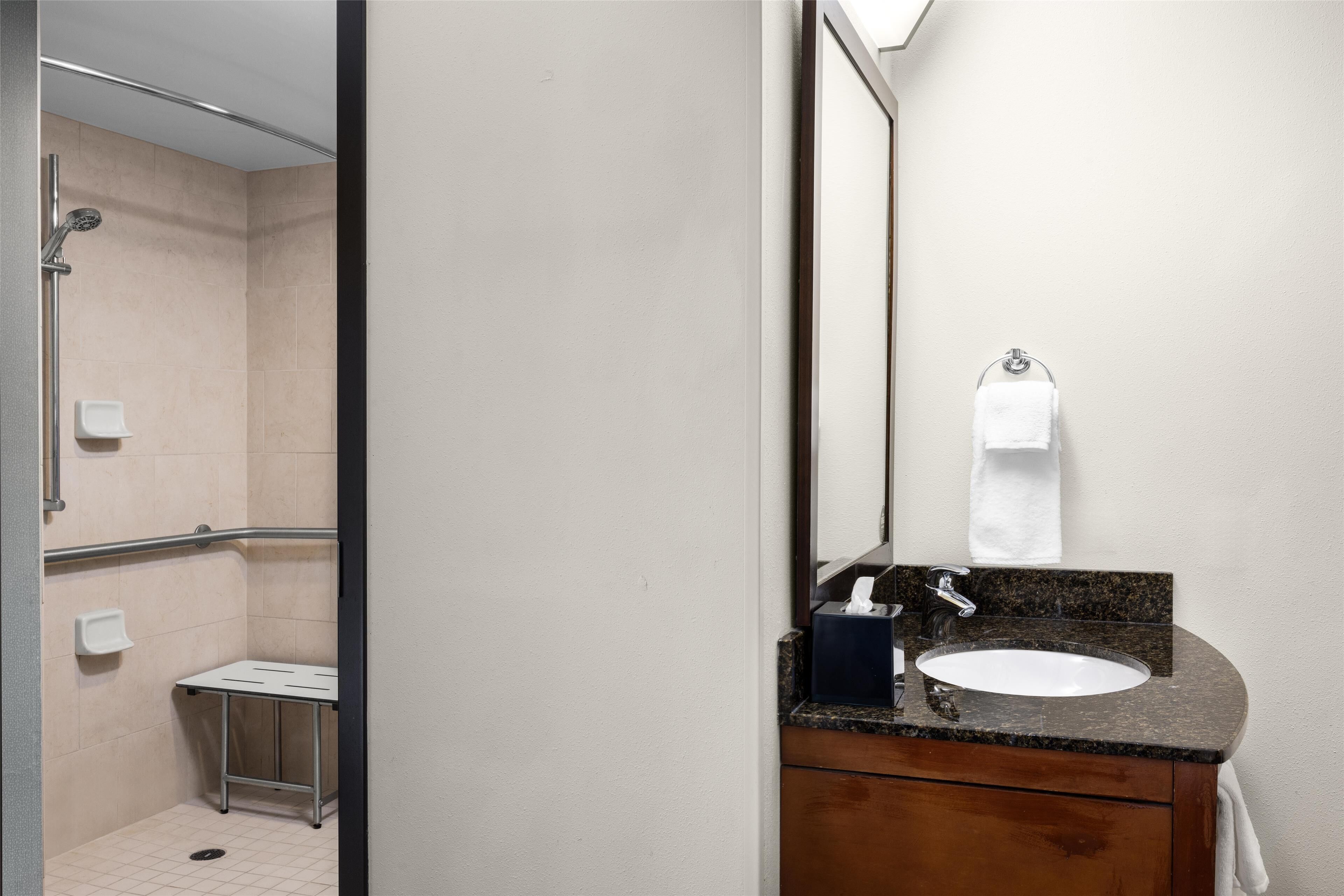 designer toiletries, hair dryer, towels