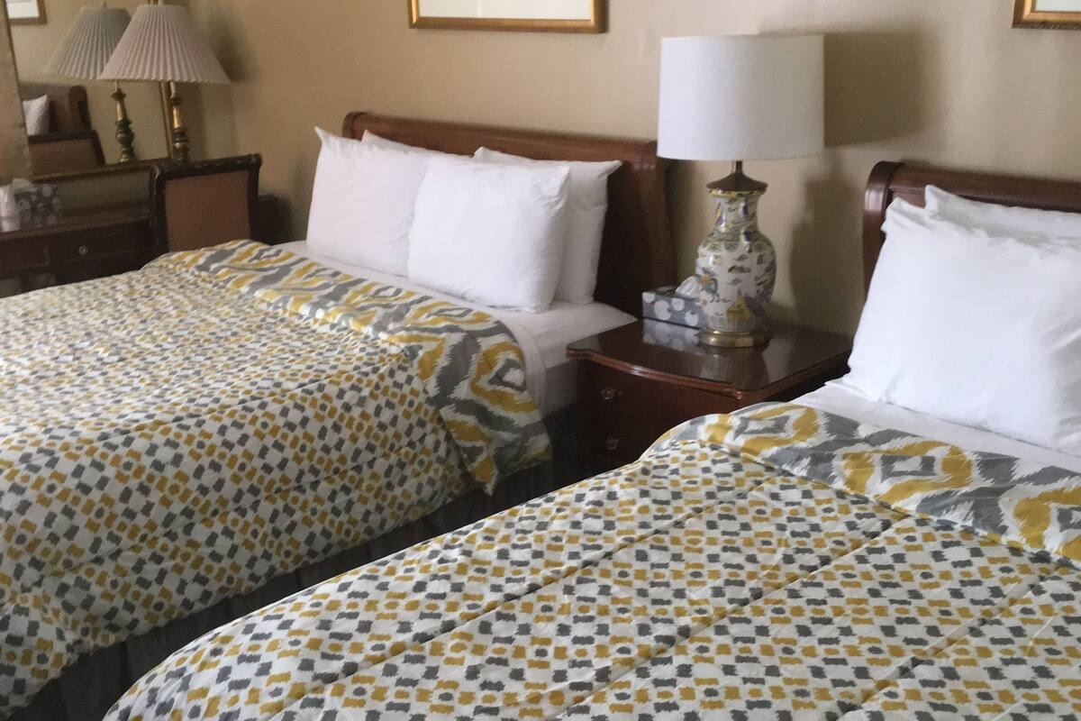 A hotel room with two beds, each with patterned bedding, a bedside table with a lamp, and a framed picture on the wall.