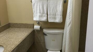 Combined shower/tub, hair dryer, towels