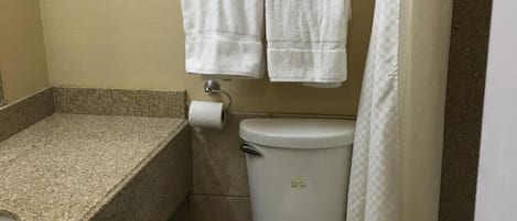 Combined shower/tub, hair dryer, towels