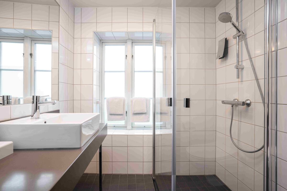 shower, free toiletries, hair dryer, towels