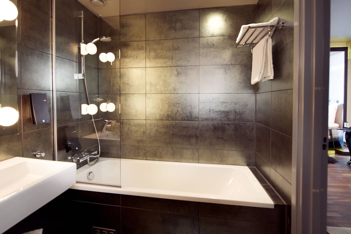 hair dryer, towels, soap, shampoo