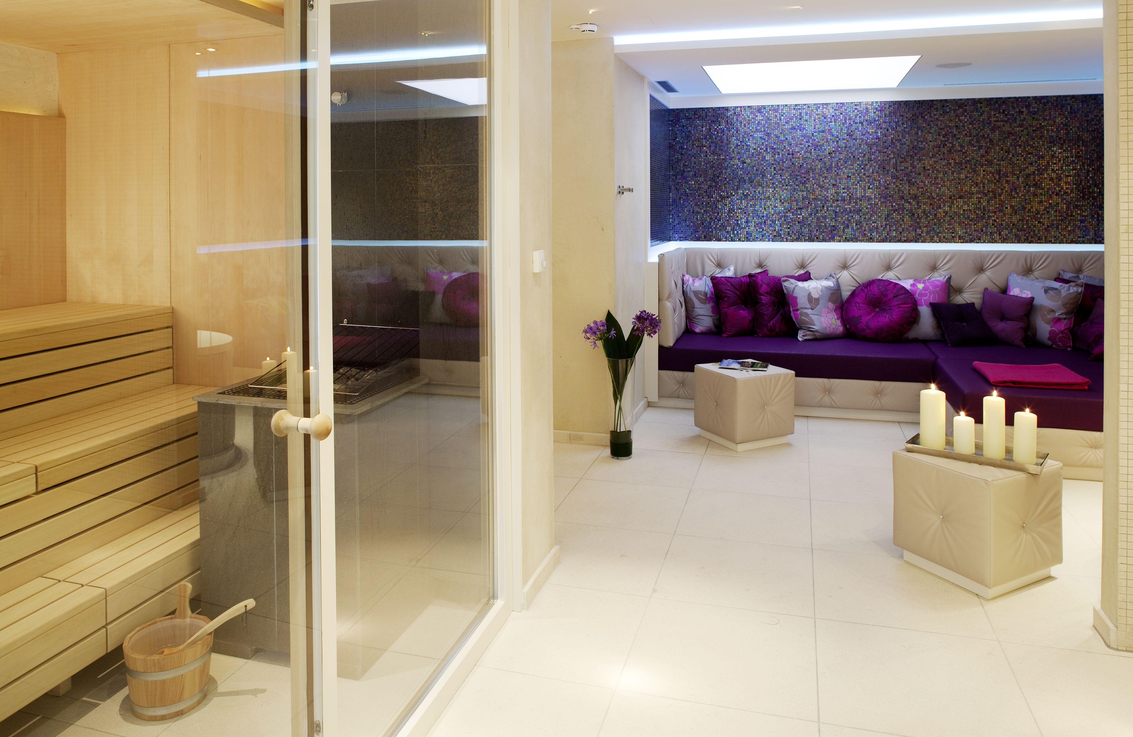 Een moderne spa-ruimte met een sauna, een zithoek met een bank en kussens, en een decoratieve vaas met bloemen.