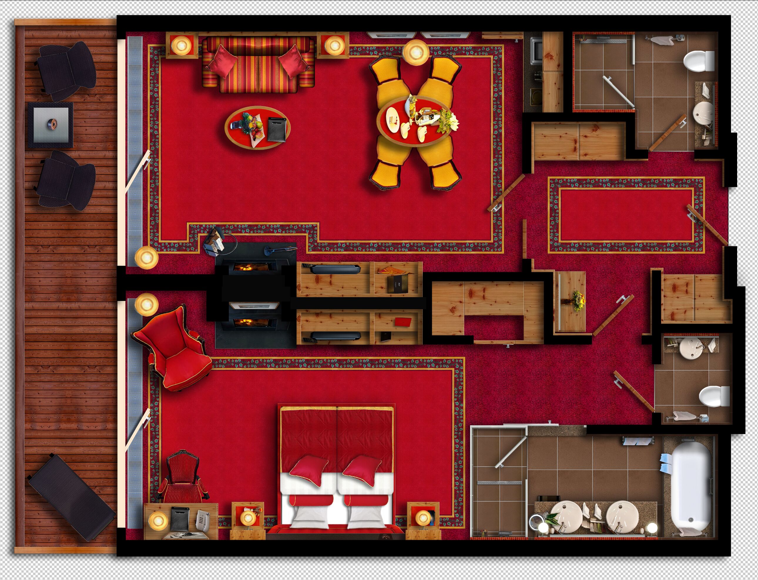 Distribución de una habitación de hotel con alfombra roja, muebles de madera, una zona de comedor y un baño.