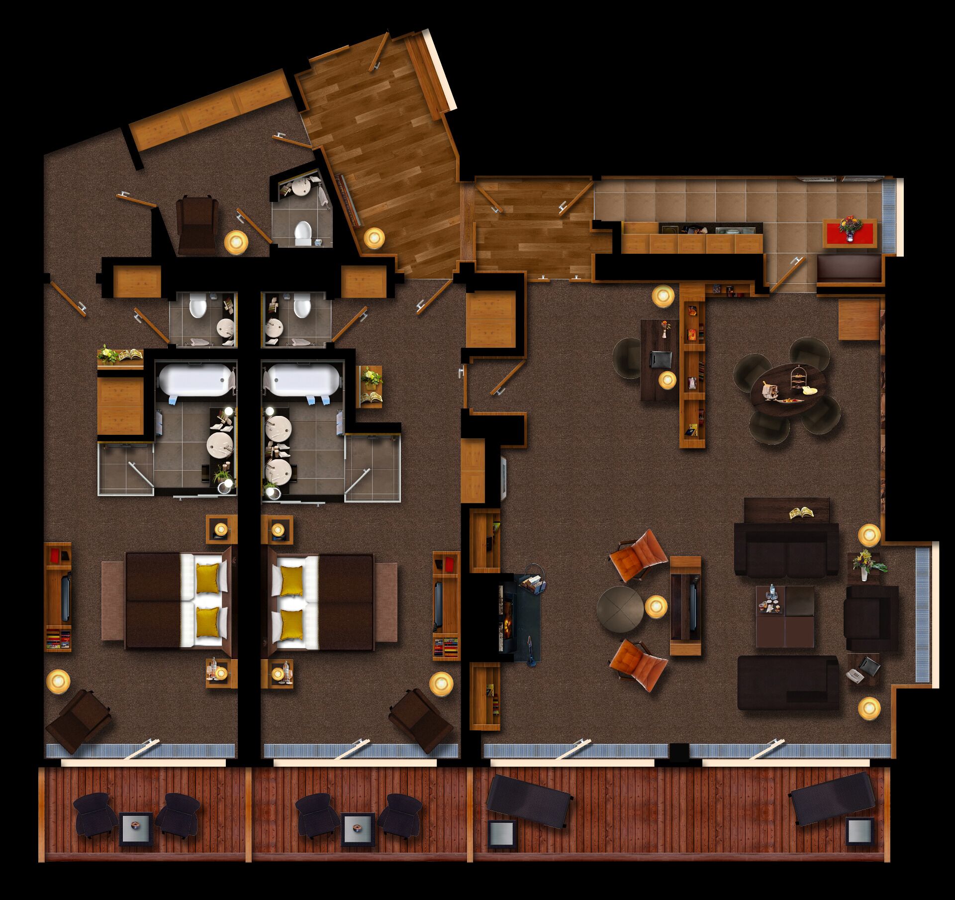 Ein Hotelgrundriss mit einer zentralen Wohnfläche, separaten Schlafzimmern, einer Küche und einem Essbereich.