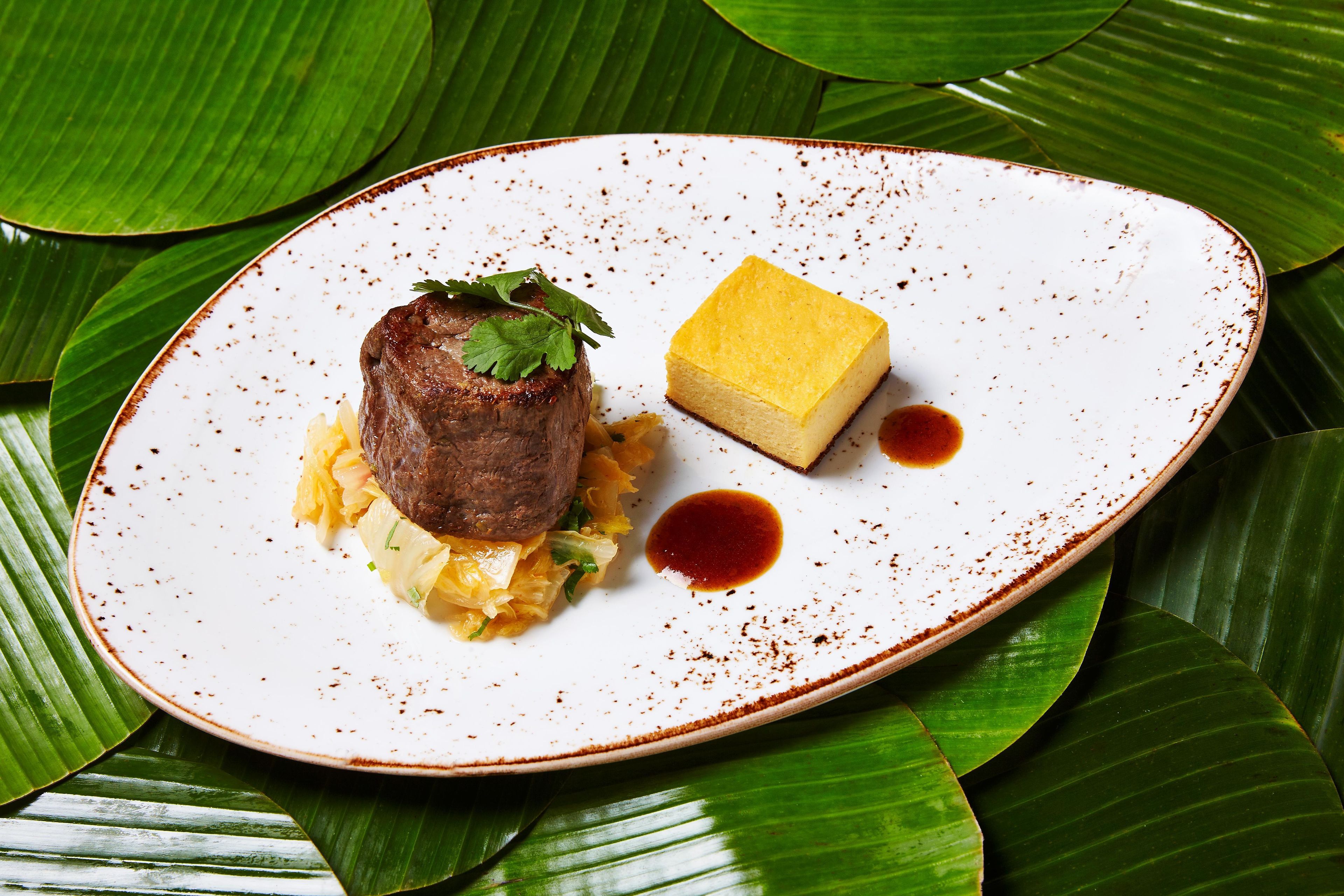 A plate with a beef steak, a cube of cheese, and a sauce, surrounded by green leaves.