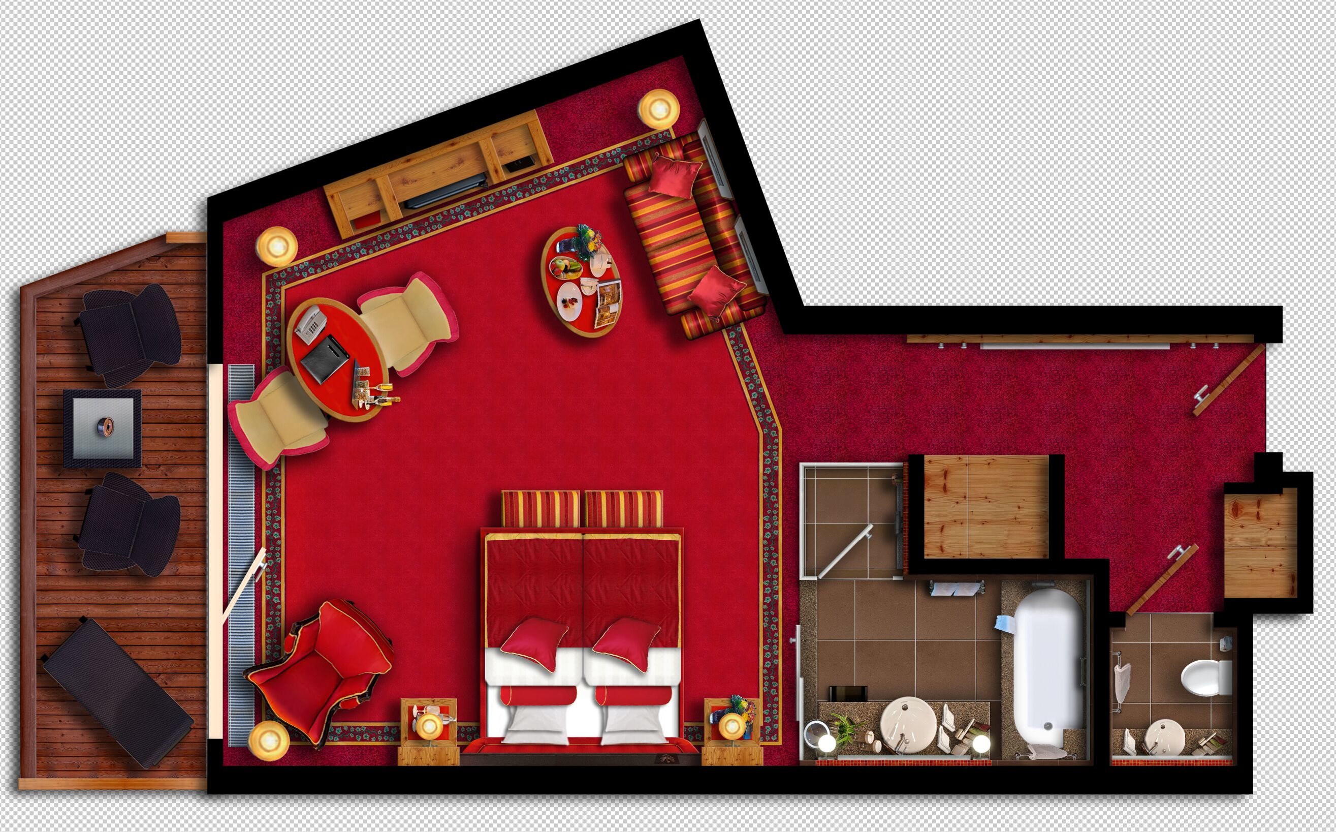 Une chambre d’hôtel comprenant un grand lit, un coin salon avec un canapé et des fauteuils, une petite table avec une lampe, et une salle de bain avec des toilettes, un lavabo et une baignoire.