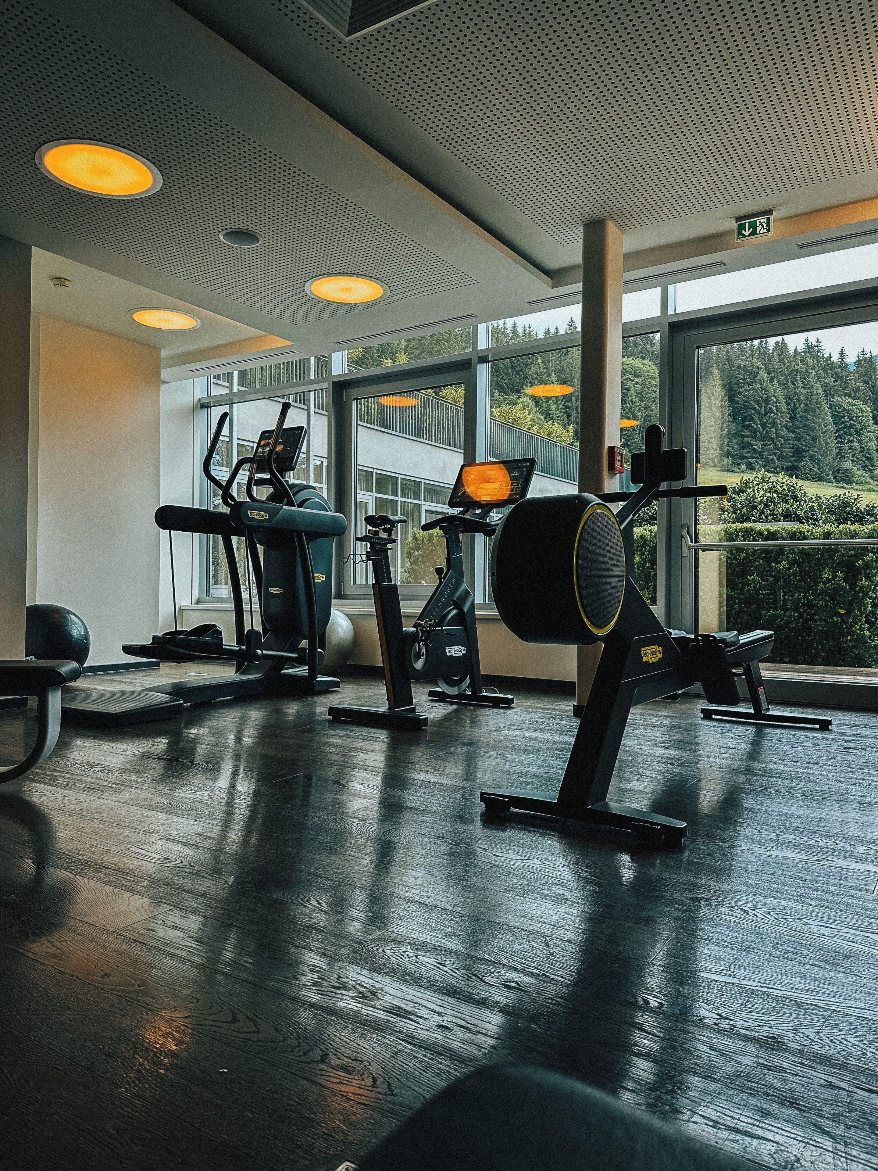 Un gimnasio con equipo de ejercicio, ventanas amplias y vistas al verdor exterior.