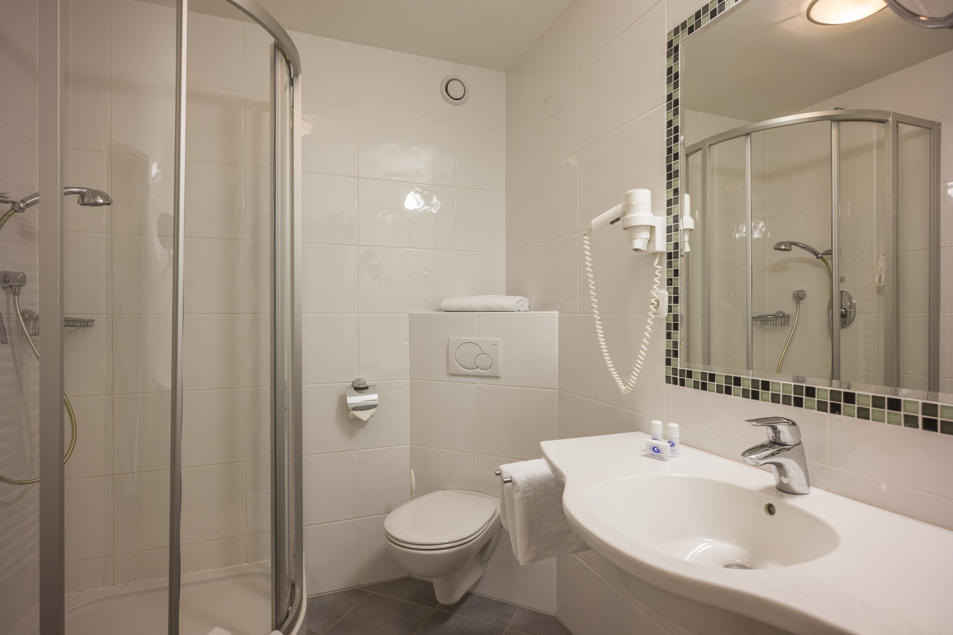 Ein modernes Badezimmer mit Duschkabine aus Glas, einer weißen Toilette und einem Waschbecken mit Spiegel.