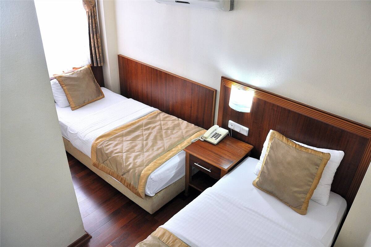 Two single beds with wooden headboards, a bedside table with a telephone, and a window with curtains.