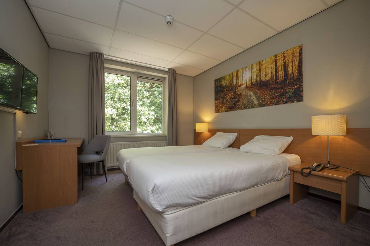 Une chambre d’hôtel avec un grand lit, un bureau, une chaise, une fenêtre avec des rideaux, un tableau au mur et une lampe de chevet.