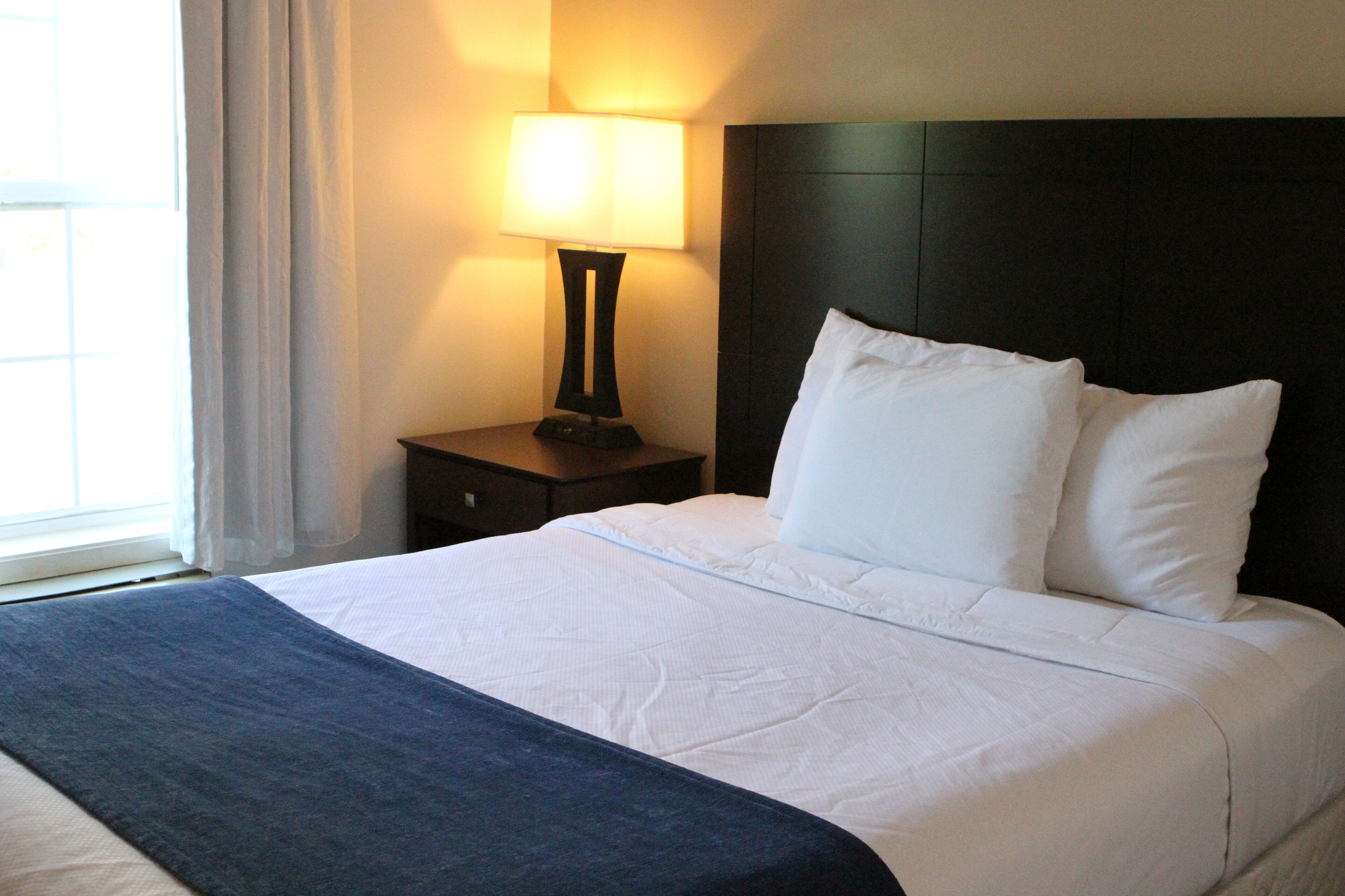 A neatly made bed with white linens and a dark blue throw blanket, a bedside lamp, and a dark headboard.
