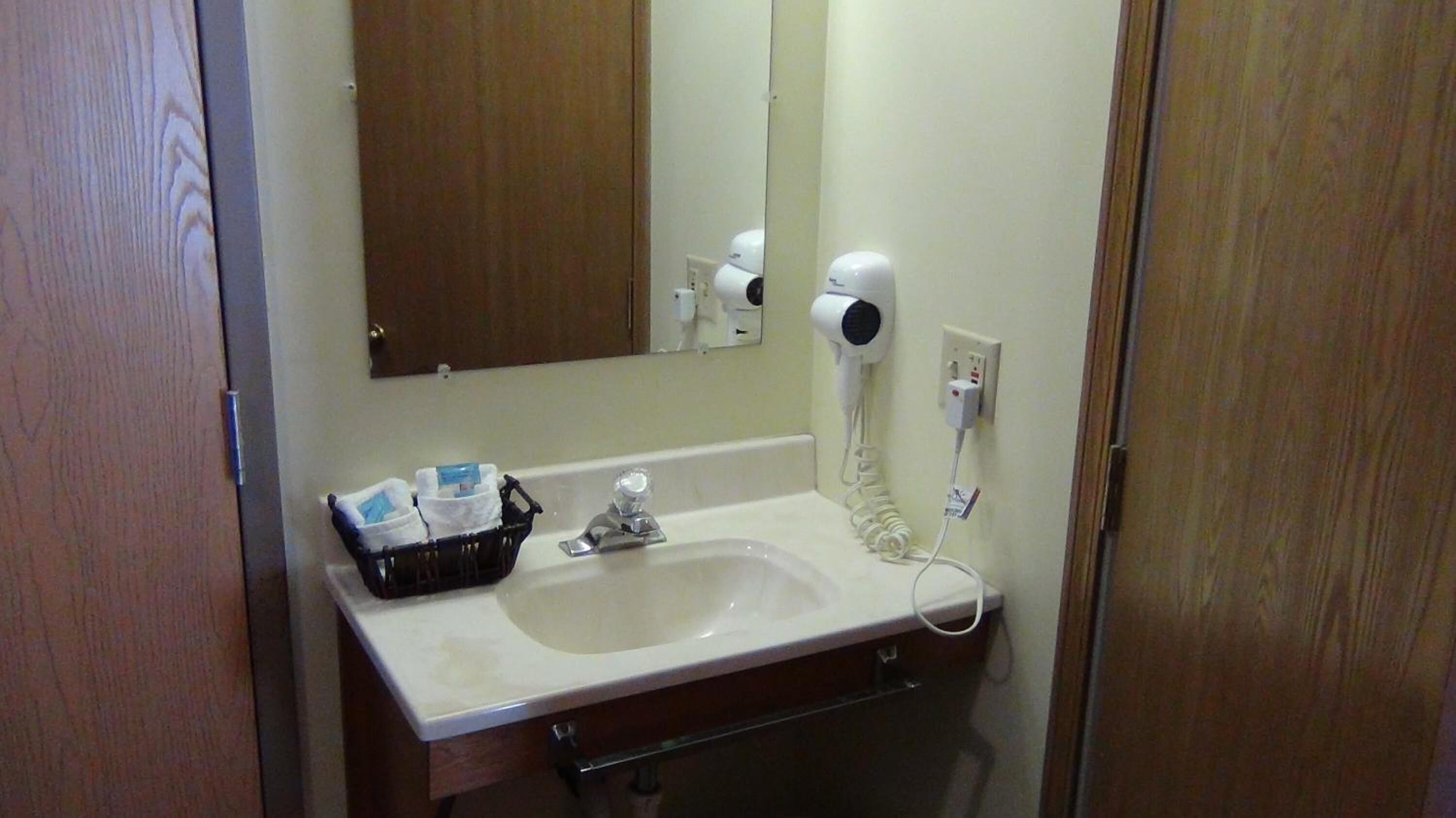 A bathroom with a sink, a mirror, and a hairdryer plugged in.