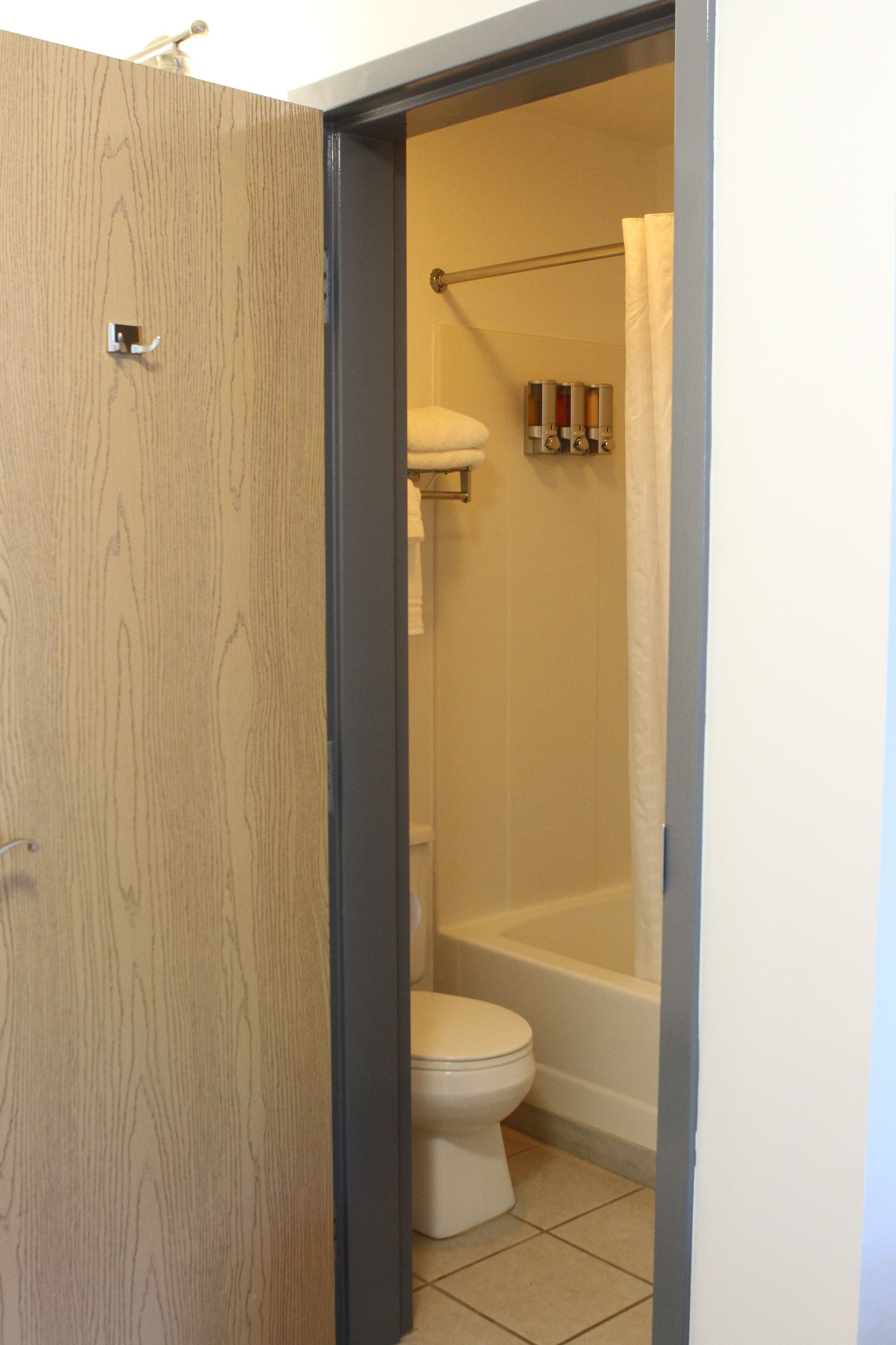 A bathroom with a toilet, a bathtub, and a shower curtain.