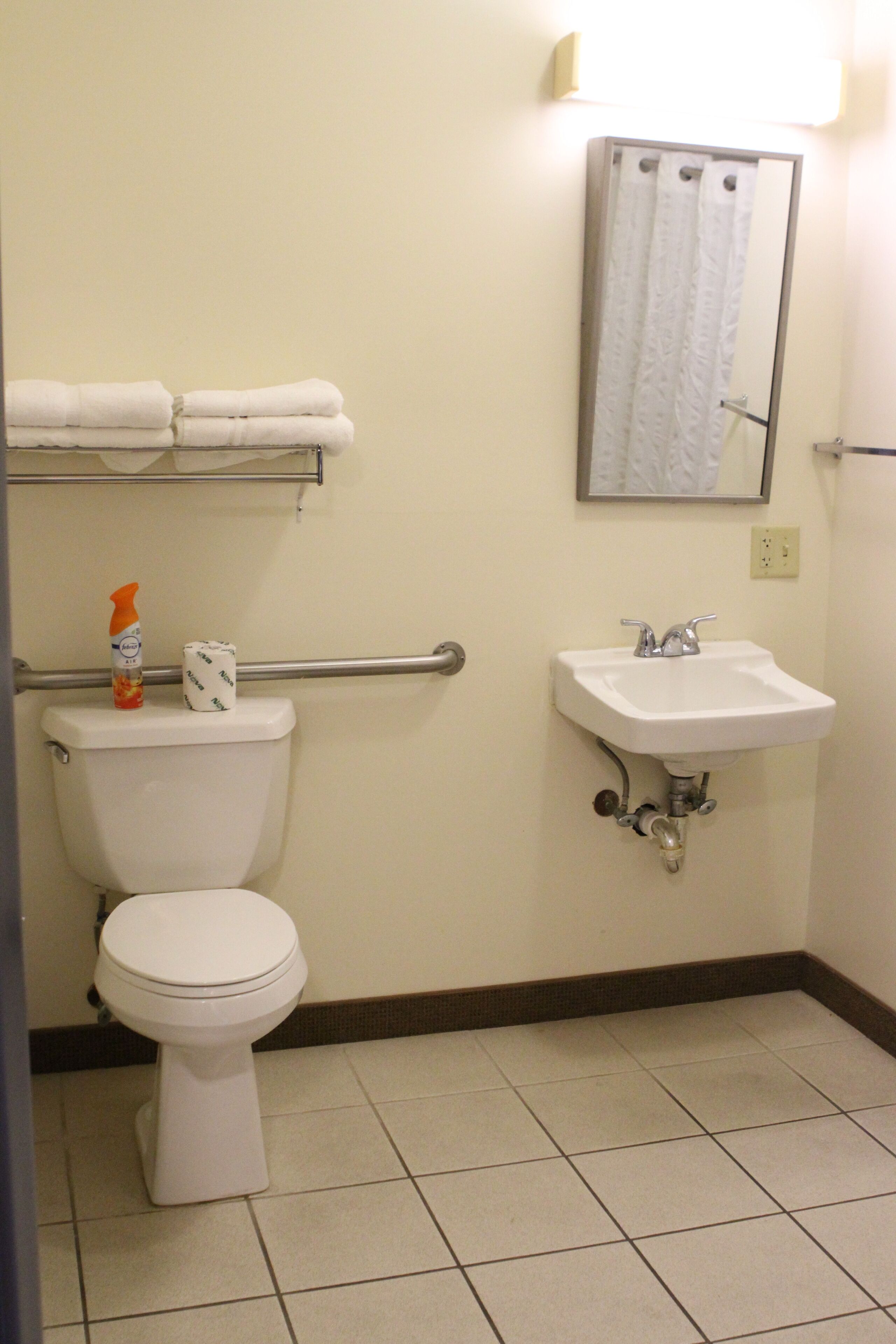 Un bagno con il water, un lavandino, un porta asciugamani e uno specchio.