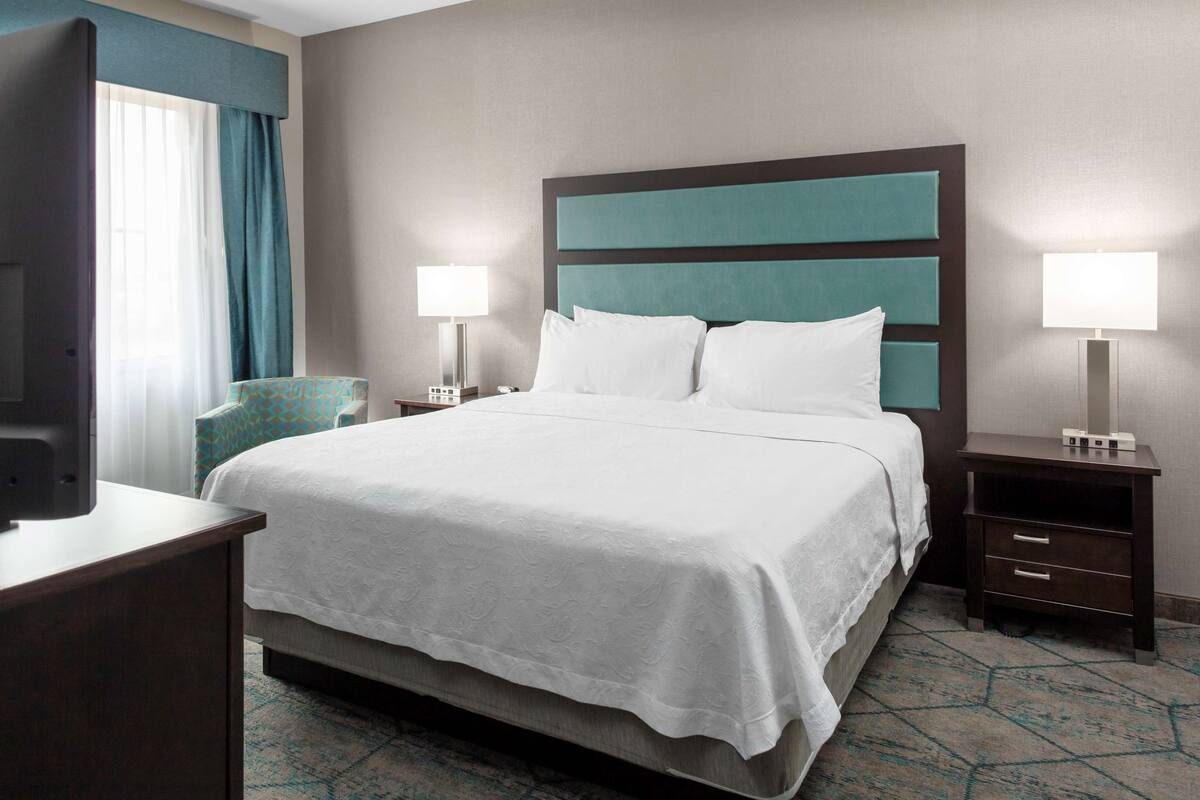 Una habitación de hotel con una cama grande, dos mesitas de noche con lámparas, un televisor y una alfombra estampada.