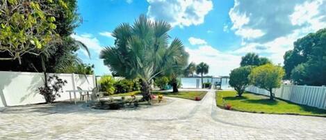 A paved courtyard with a palm tree, a white fence, and a clear blue sky.