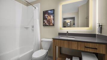 A modern bathroom with a bathtub, toilet, vanity with a sink, and a large mirror.