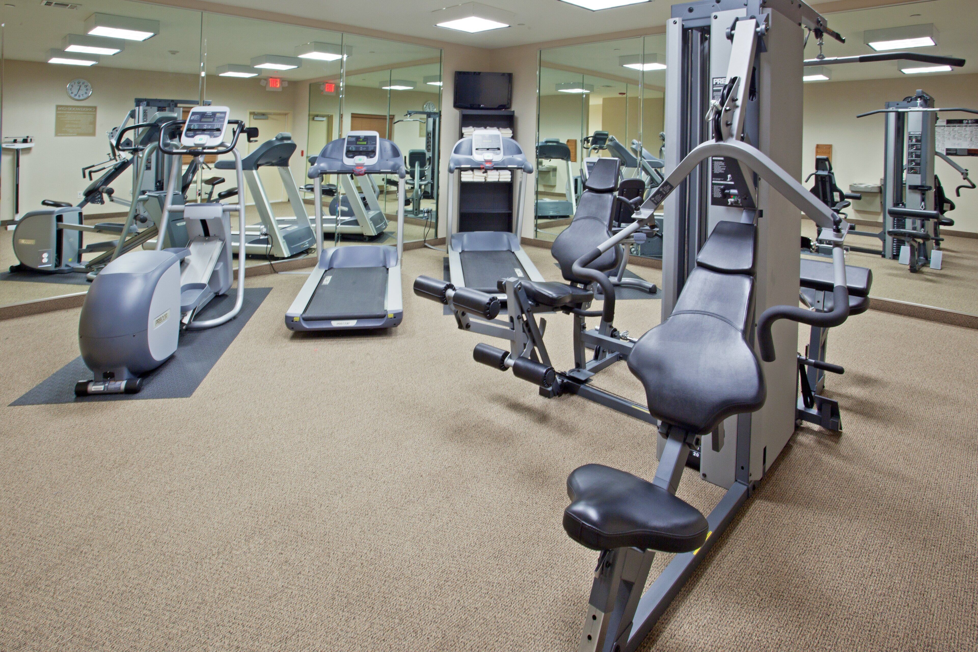 Un gimnasio con diversos equipos de ejercicio, incluyendo cintas de correr, elípticas y máquinas de pesas.