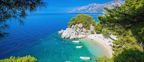 On the beach, sun-loungers, beach umbrellas, beach towels