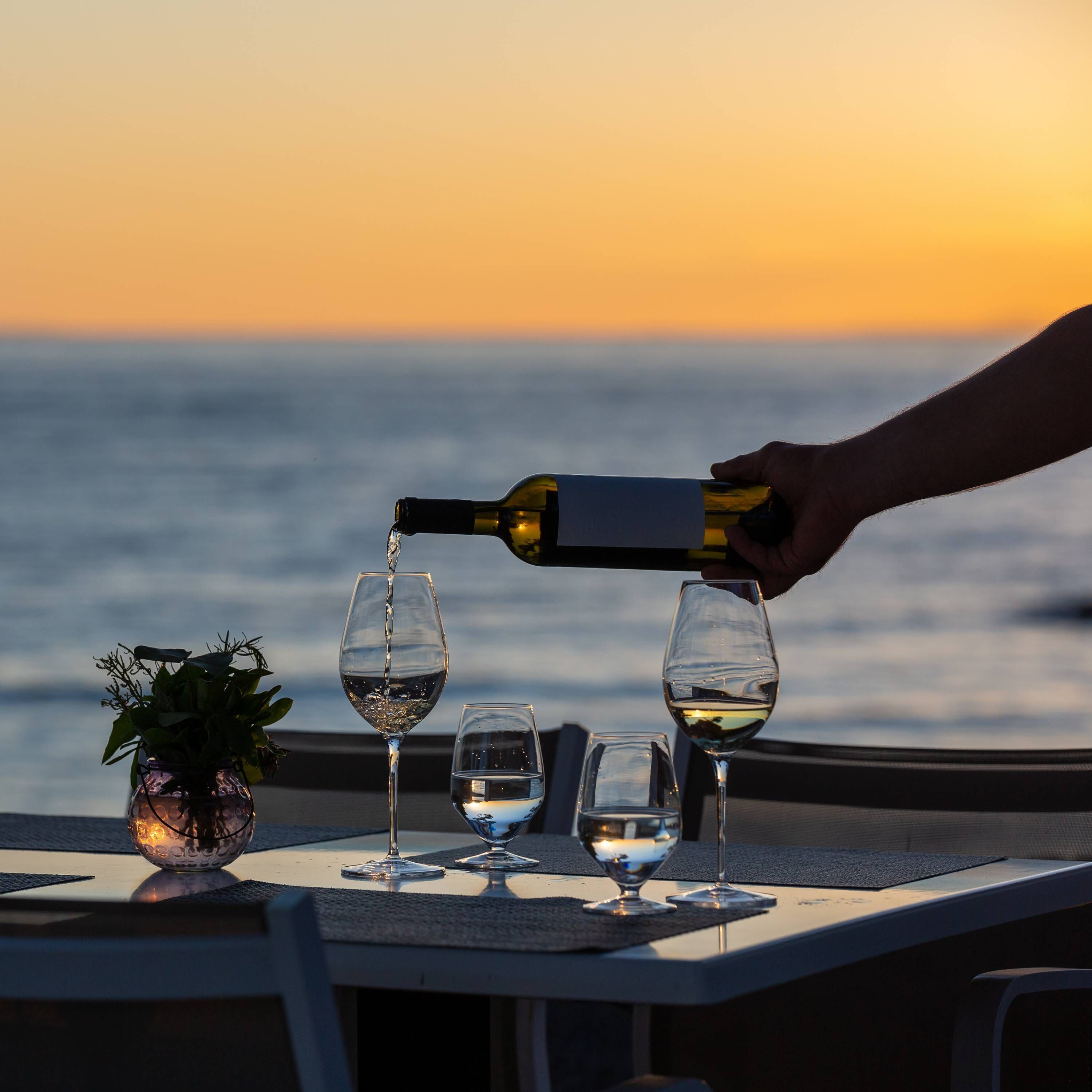 A table with three wine glasses and a bottle being poured into one. A plant is on the table, and the background features a sunset over water.