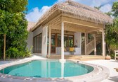 A poolside area with a thatched-roof structure, a pool, and surrounding greenery.