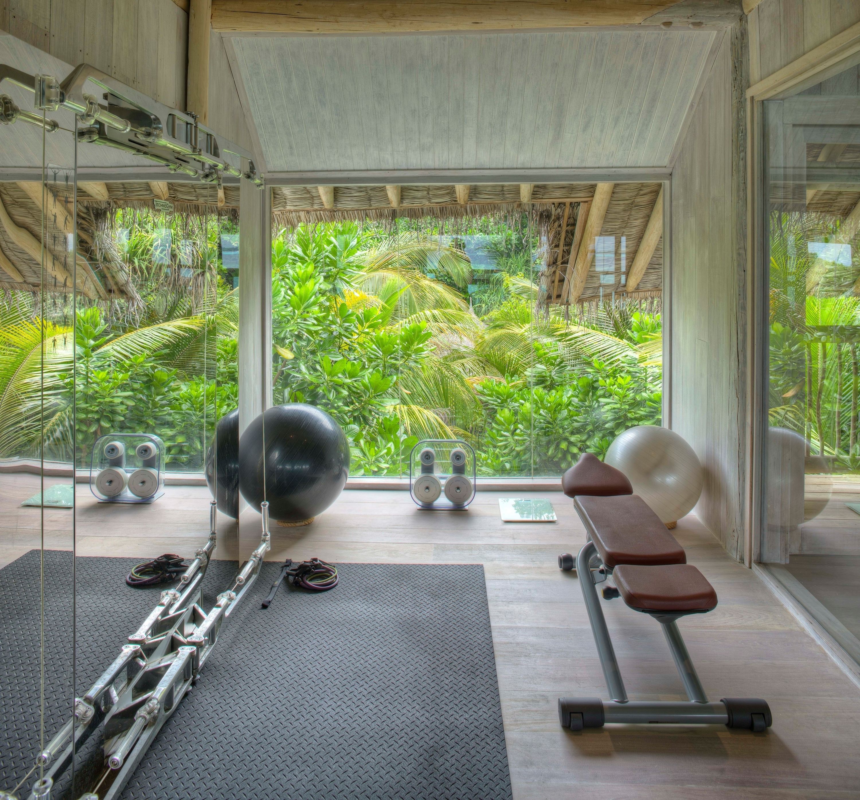 A gym with exercise equipment, a bench, and a view of lush greenery through large windows.