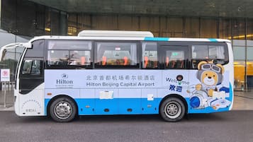 A bus with "Hilton Beijing Capital Airport" branding and a bear illustration.